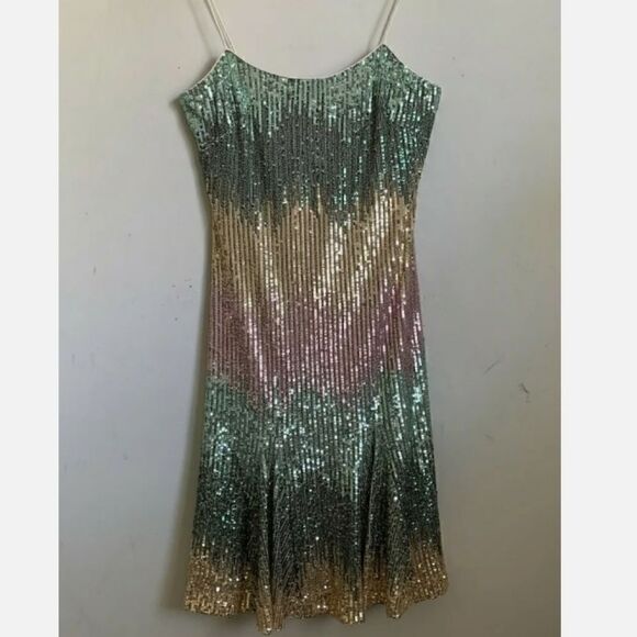 Badgley Mischka Natalie Dress Mint Sequin Multi Fit Flare Spaghetti Strap - Picture 3 of 9